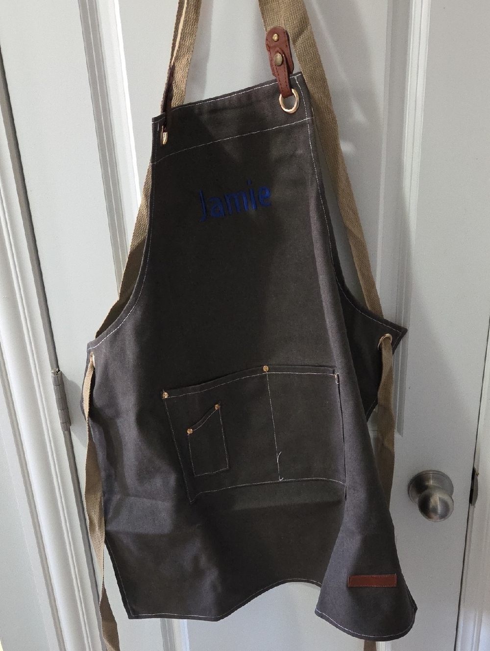 Personalized 'Jamie' Dark Gray Canvas Apron with Tan Straps